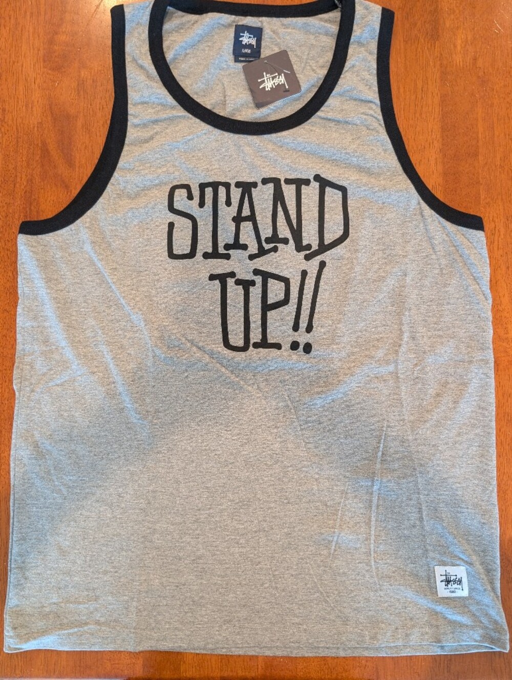 Stussy Stand Up Graphic Ringer Tank T-Shirt Men's XL Gray Black Logo NWT